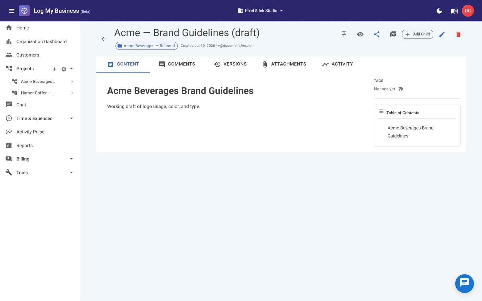 A document open with its content, tabs, and share / export / pin actions