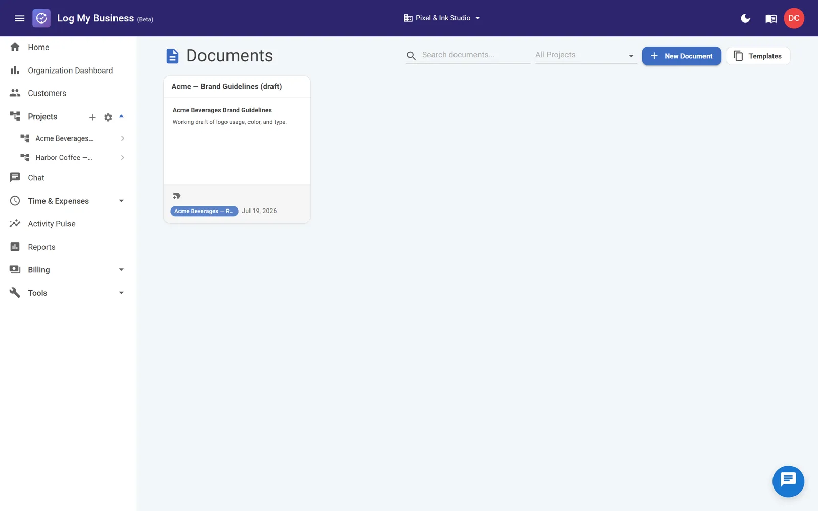 The Documents grid with the New Document button
