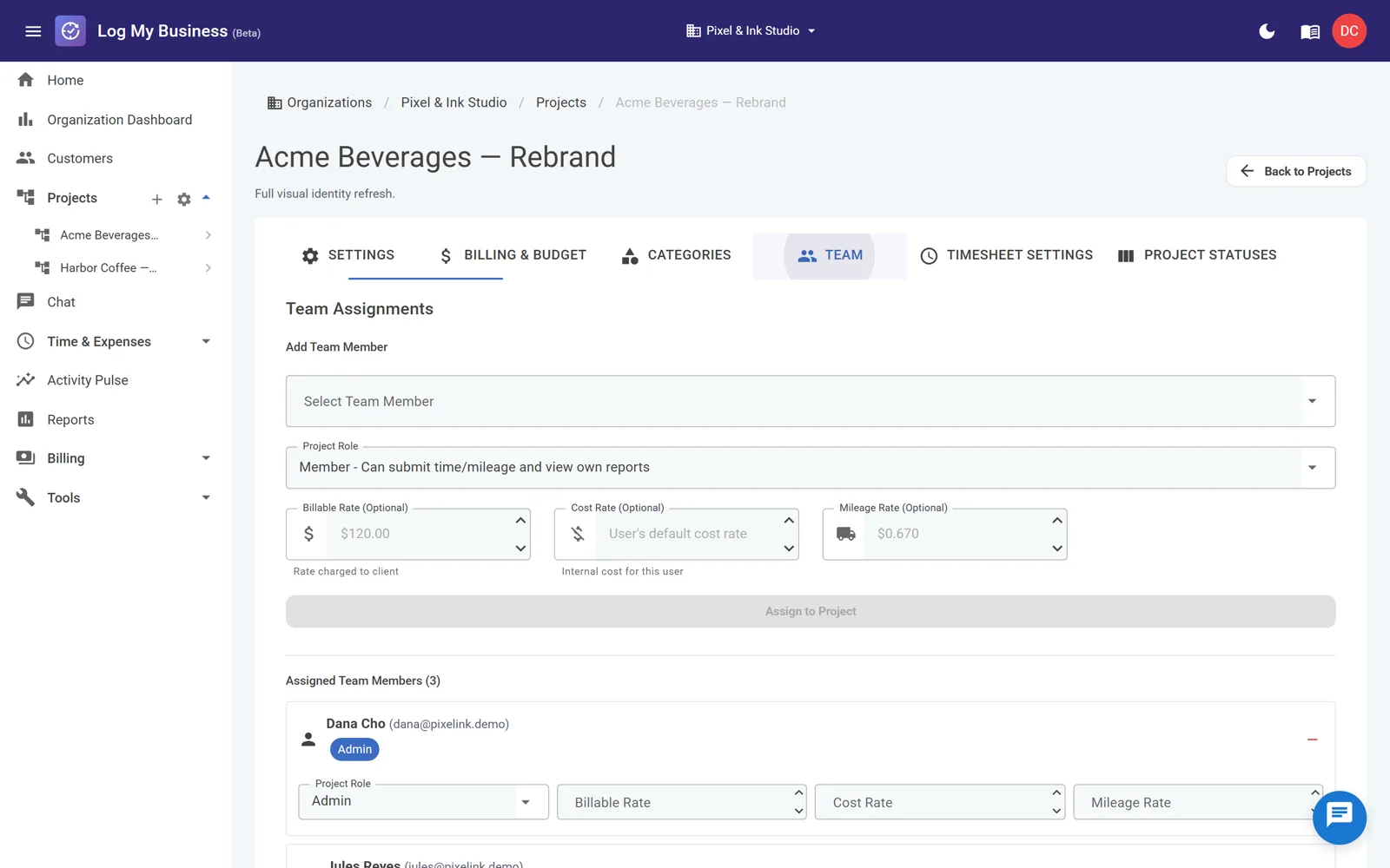 Assigning a team member to a project with a role dropdown