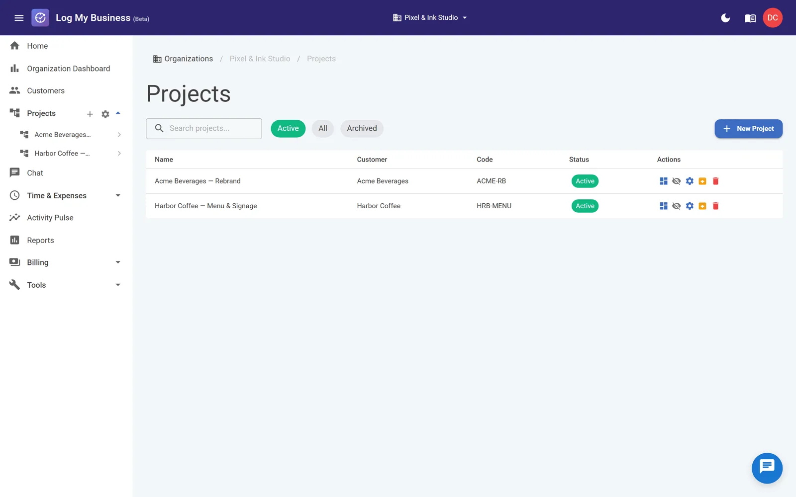 The Projects page with the New Project button highlighted