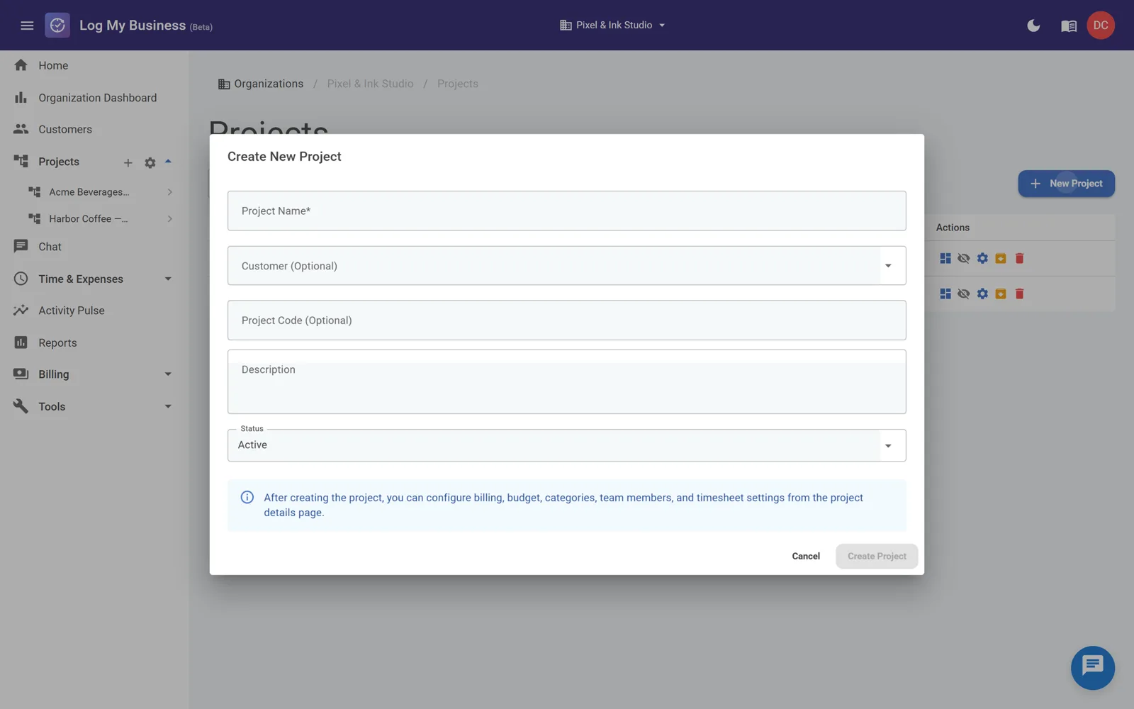 The new-project form showing customer, rate and budget fields