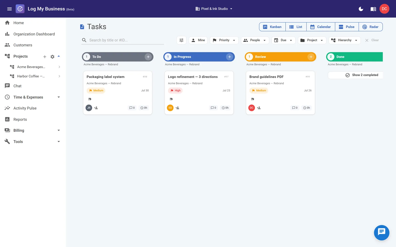 A Kanban board with cards spread across four status columns