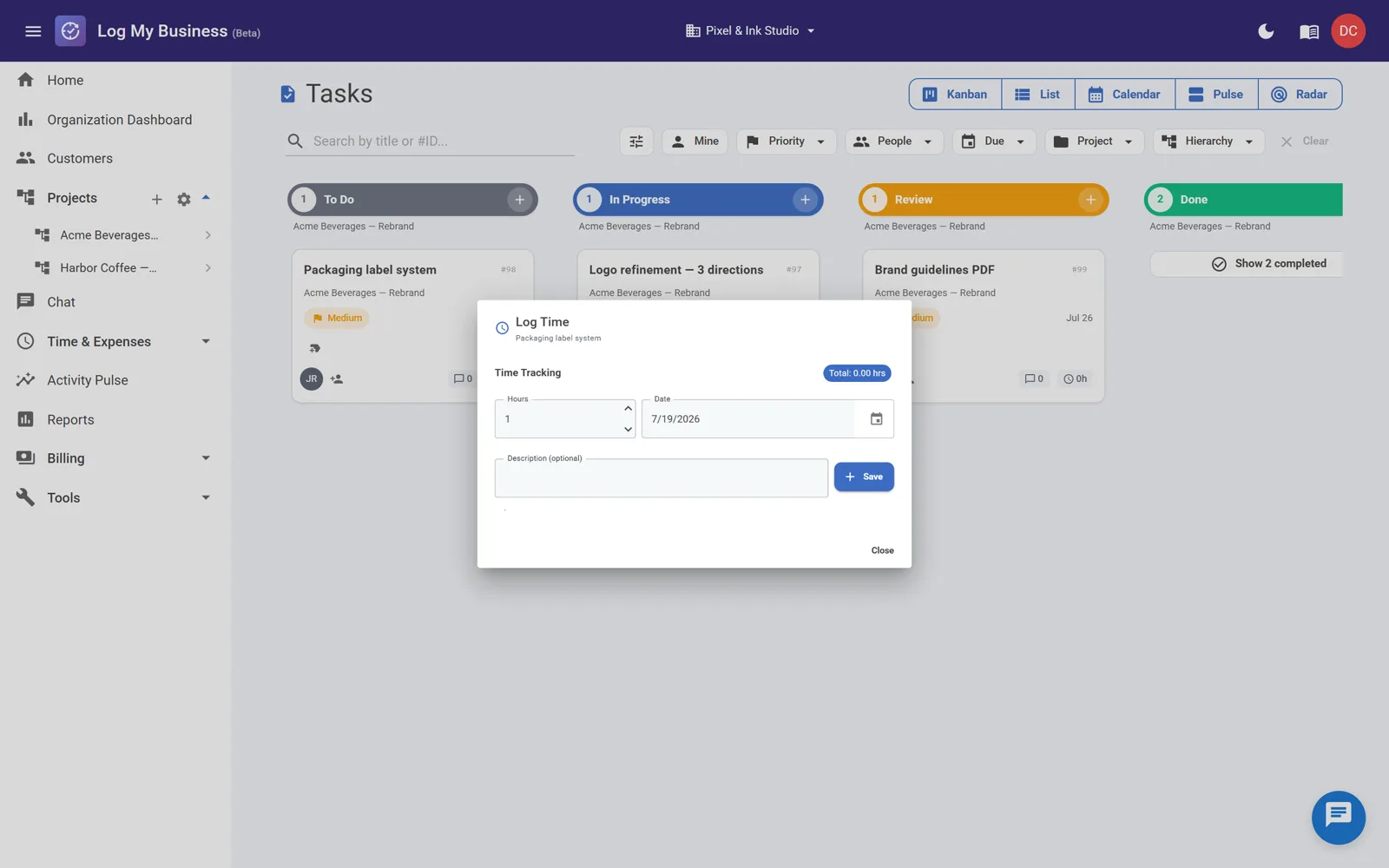 Logging time from the hours badge on a Kanban card