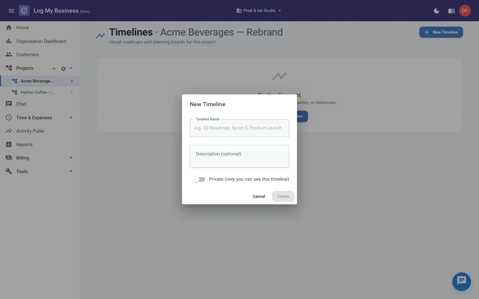 Creating a new timeline with a name and visibility option