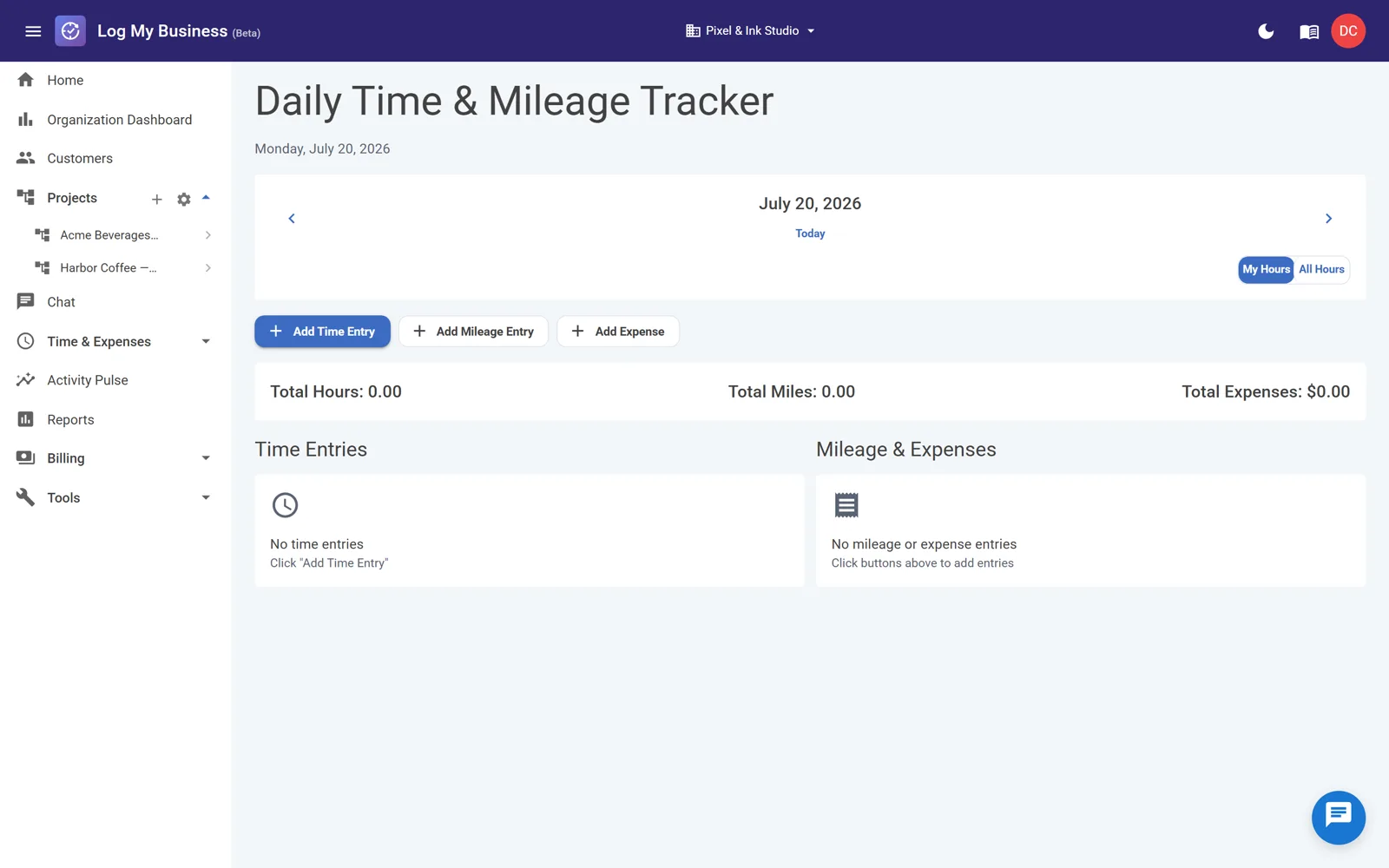 The Day View showing time entries as detailed cards