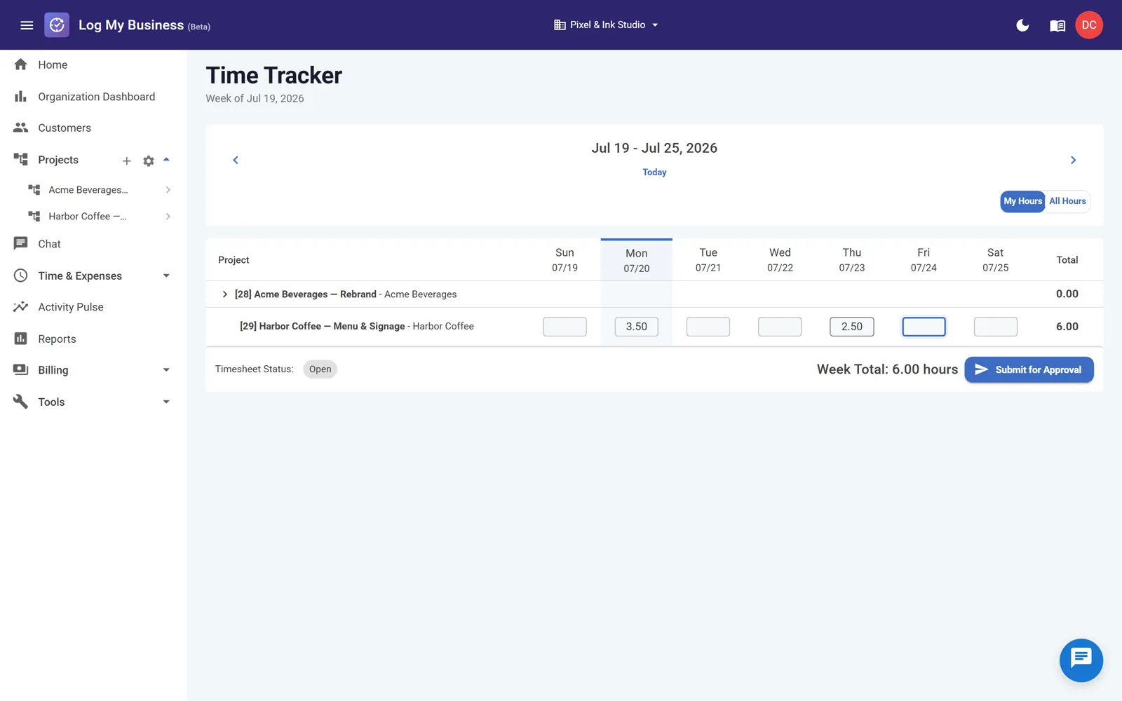 The weekly timesheet grid with projects as rows and days as columns