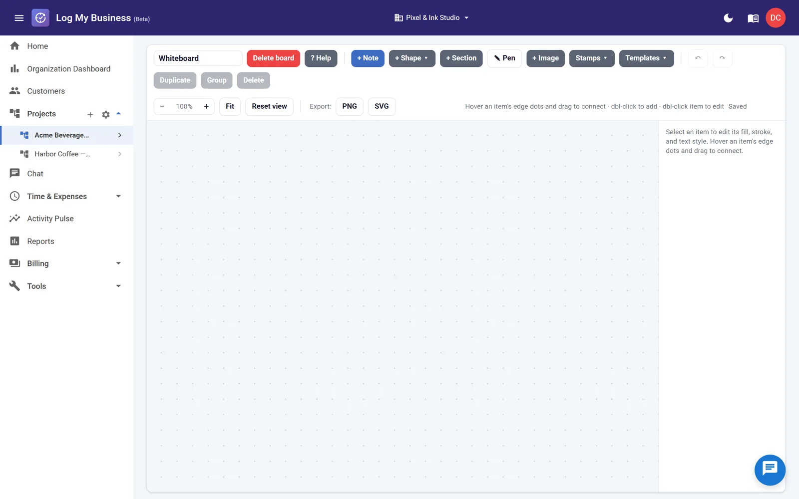 Creating a whiteboard from the project sidebar